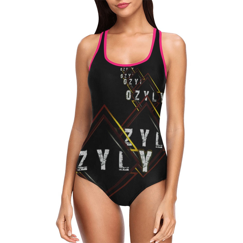Red ''OZYLY'' multiple logo with pink hem line