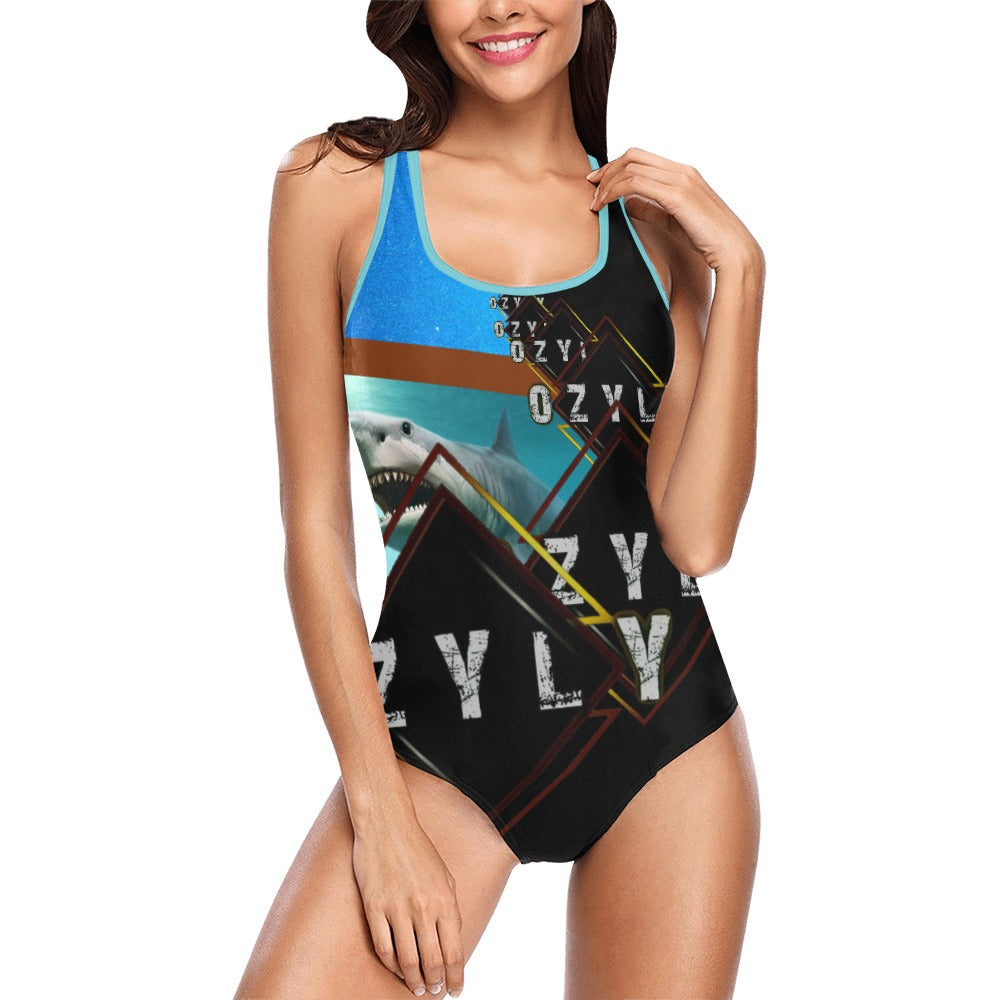 Black ''OZYLY'' multiple logo with shark in ocean with blue hem line