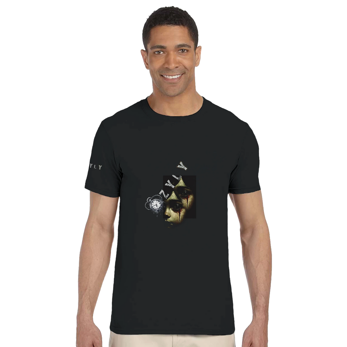 Man wearing a black t-shirt with t-shirt with a girl Ghost face Portrait graphic
