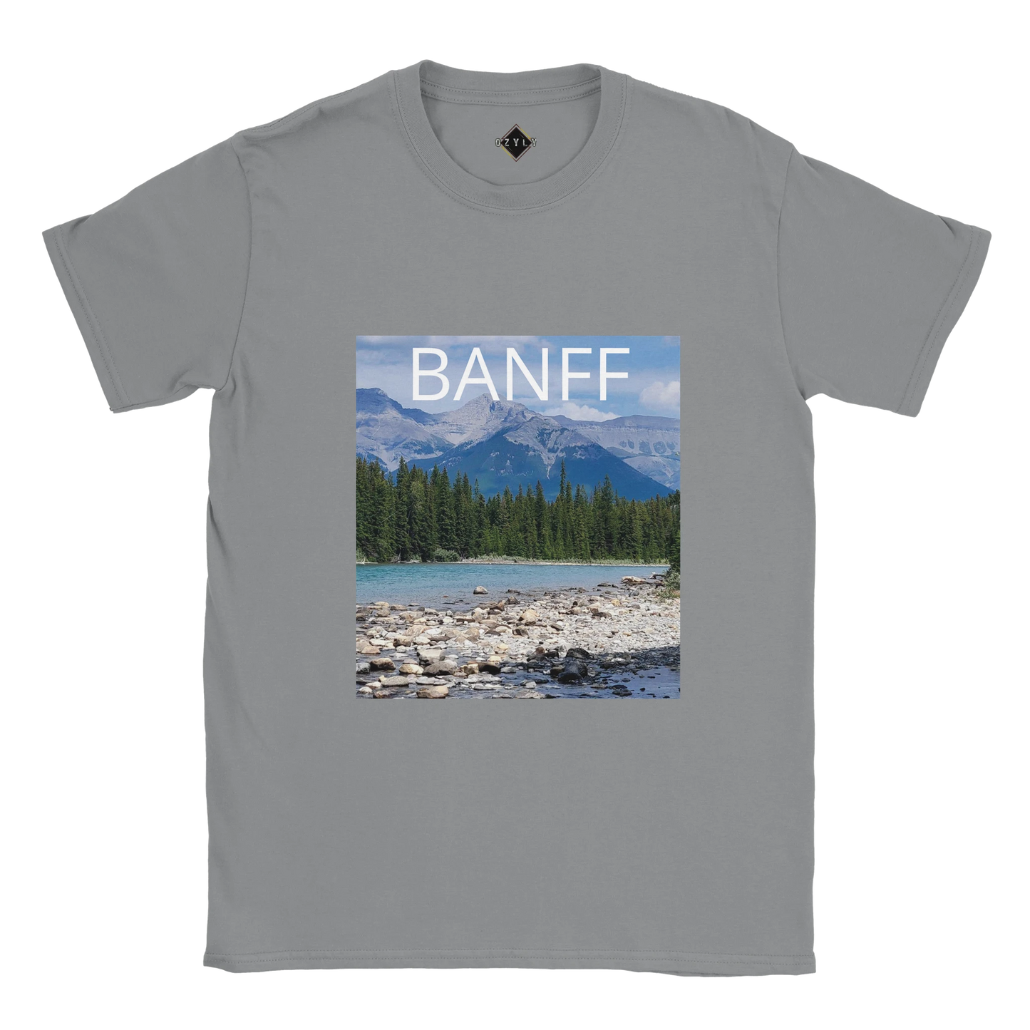 Gray t-shirt with Banff national park graphic on a white background