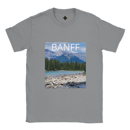 Gray t-shirt with Banff national park graphic on a white background