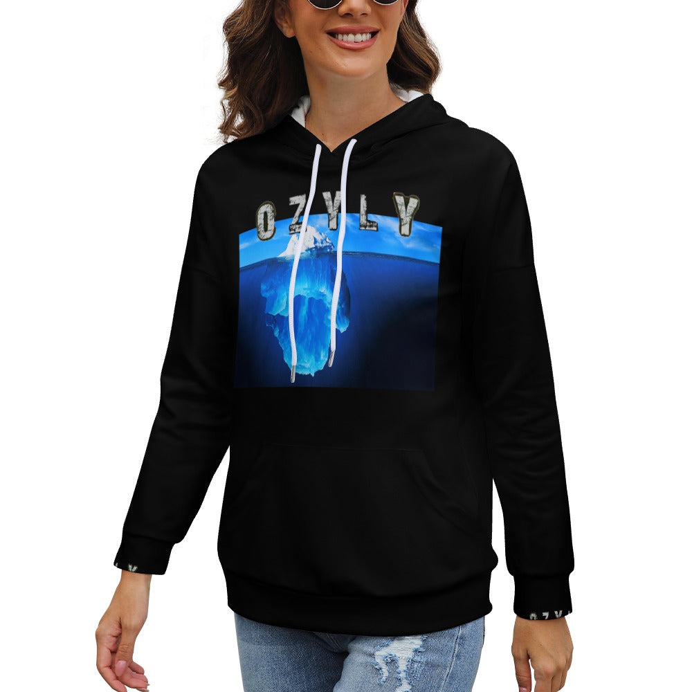 Black comfort with a modern silhouette Dropped Sleeve Hoodie with iceberg print and OZYLY logo