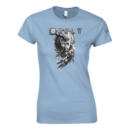 Light blue t-shirt with an owl design Classic Women Crewneck T-shirt with owl and ''OZYLY'' logo with watch