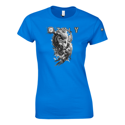 Blue t-shirt with an owl graphic and text Classic Women Crewneck T-shirt with owl and ''OZYLY'' logo with watch