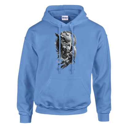 Blue hoodie with a graphic design on a white background Classic Unisex Pullover Hoodie | Gildan® 18500 with owl