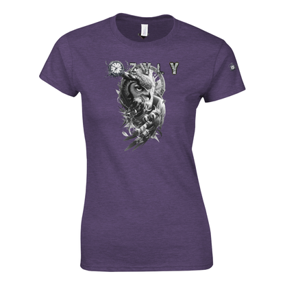 Purple Classic Women Crewneck T-shirt with owl and ''OZYLY'' logo with watch
