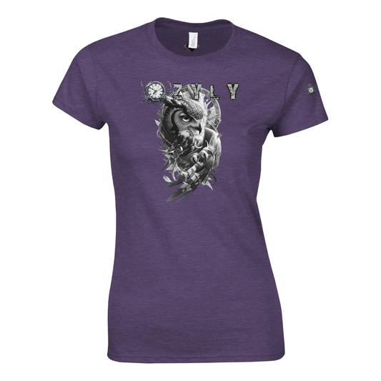 Purple Classic Women Crewneck T-shirt with owl and ''OZYLY'' logo with watch