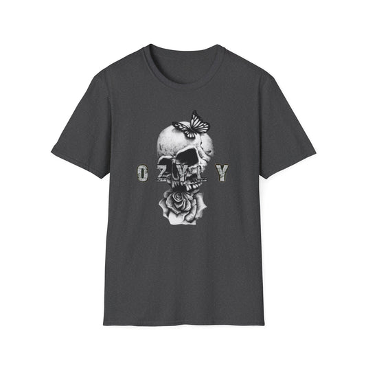 Skull and Butterfly Graphic Tee | Edgy Unisex Softstyle T-Shirt for Music Lovers, Gift for Halloween, Alternative Fashion