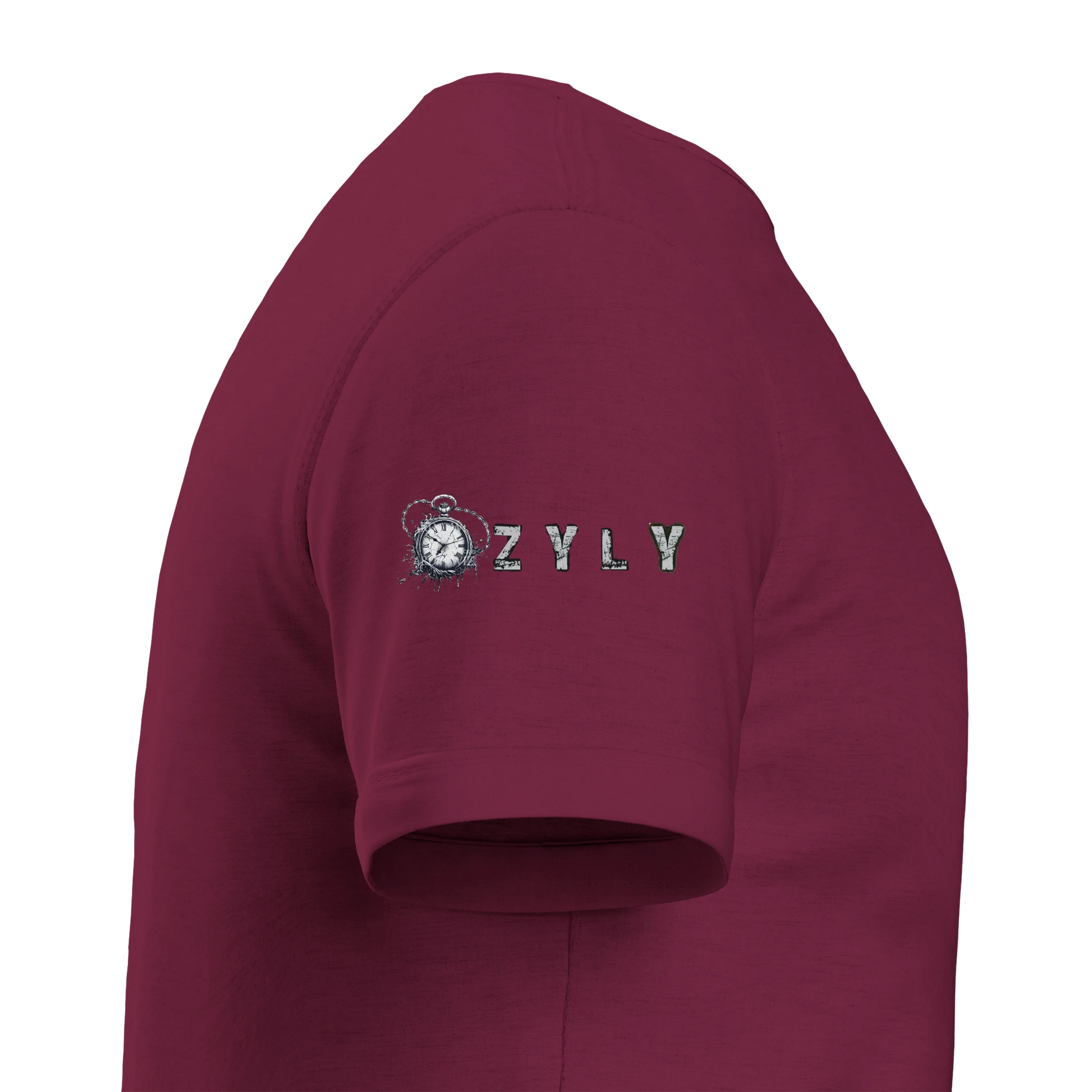 Marroon t-shirt with little girl face with blood from eye with ''OZYLY'' logo
