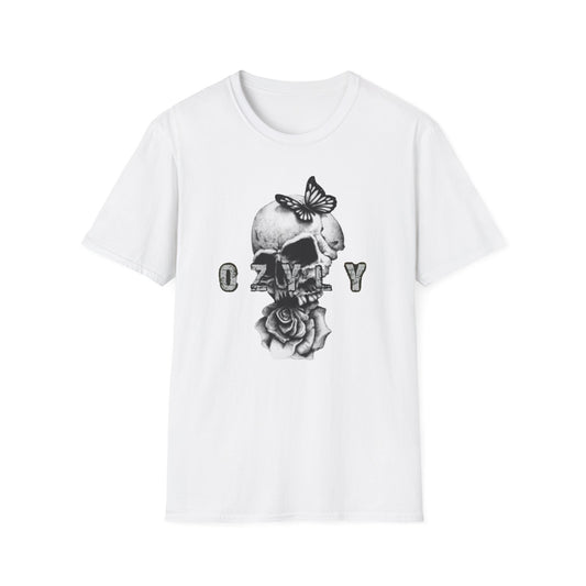 Copy of Skull and Butterfly Graphic Tee | Edgy Unisex Softstyle T-Shirt for Music Lovers, Gift for Halloween, Alternative Fashion