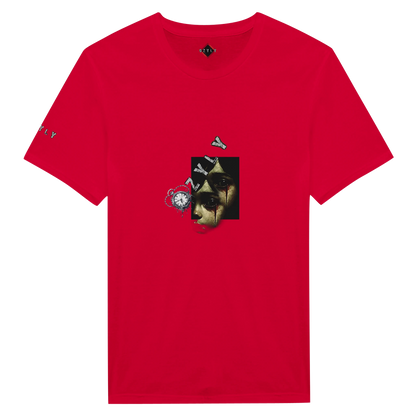 Red t-shirt with little girl face with blood from eye with ''OZYLY'' logo