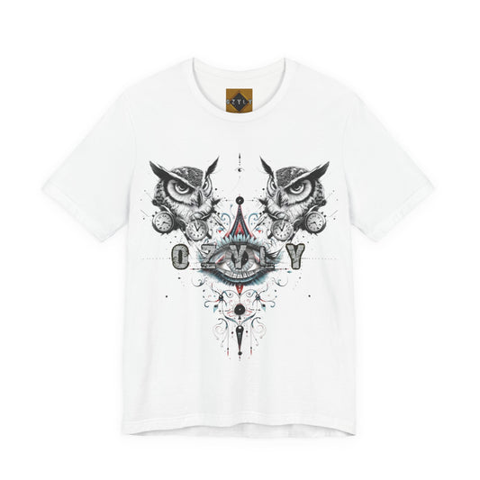 Mystical Owl Graphic Tee | Unisex Short Sleeve Shirt for Nature Lovers, Festival Wear, Gift for Owl Lovers, Unique Playful Design