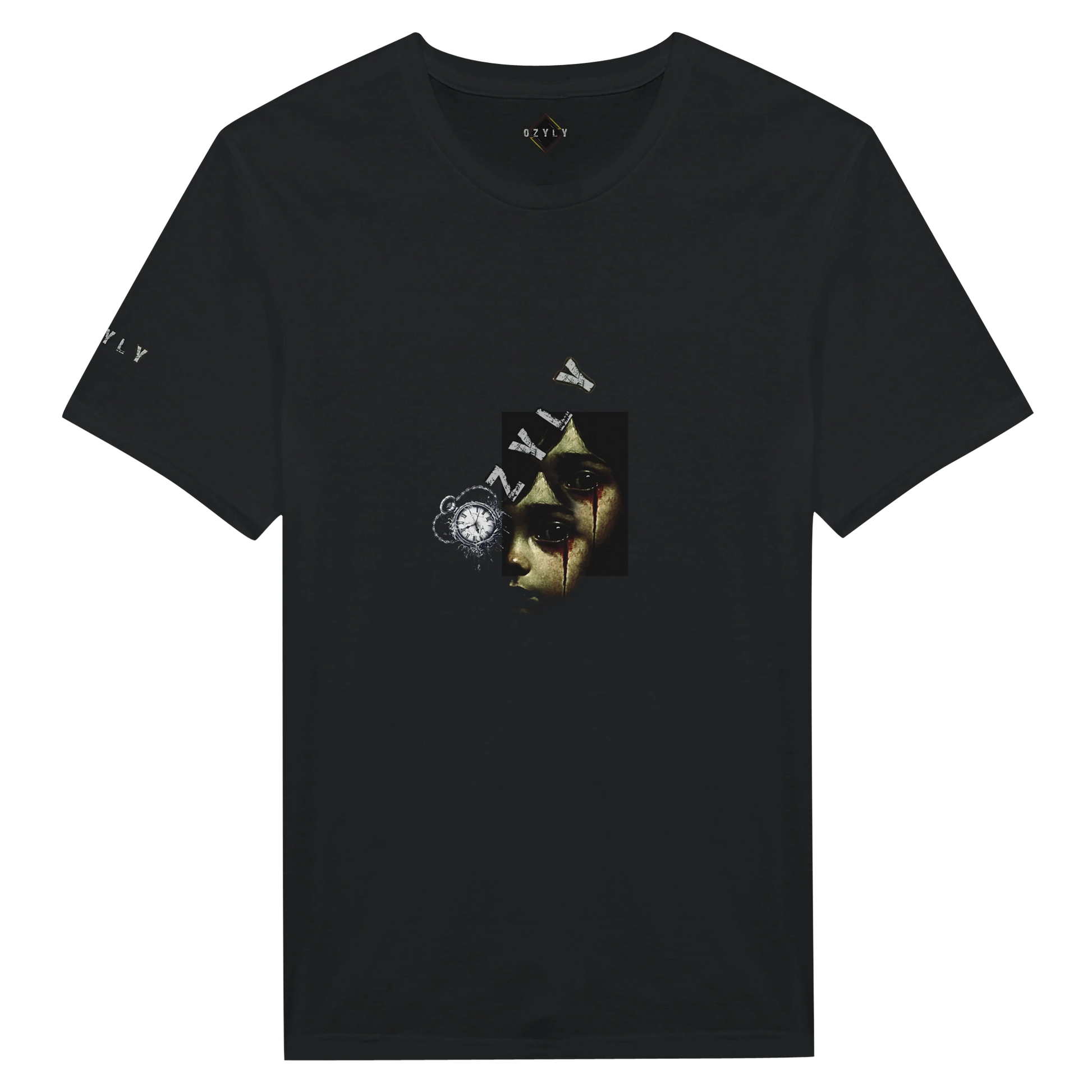 Black t-shirt with graphic design on a white background