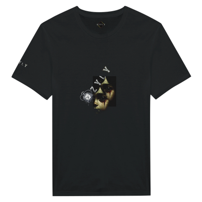 Black t-shirt with graphic design on a white background