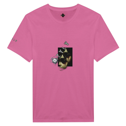 Pink fluo t-shirt with little girl face with blood from eye with ''OZYLY'' logo