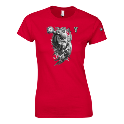 Red t-shirt with an owl graphic and text Classic Women Crewneck T-shirt with owl and ''OZYLY'' logo with watch