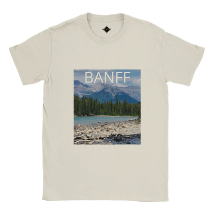 Beige t-shirt with Banff national park graphic on a white background Bowfalls Banff