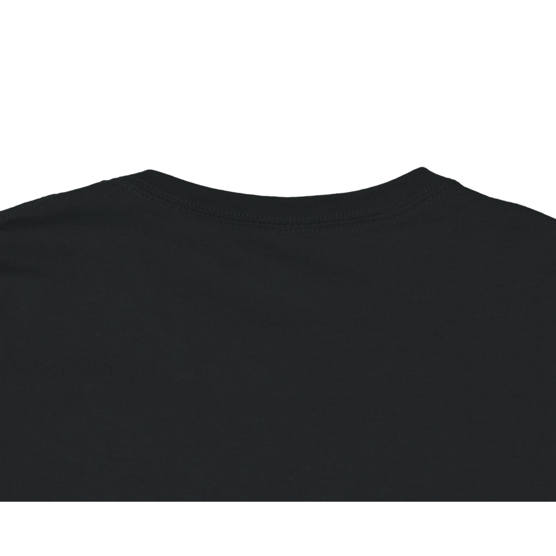 Close-up of a black t-shirt collar on a white background