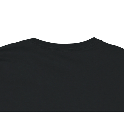 Close-up of a black t-shirt collar on a white background