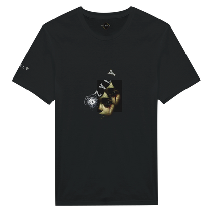 Black t-shirt with a graphic design on a white background