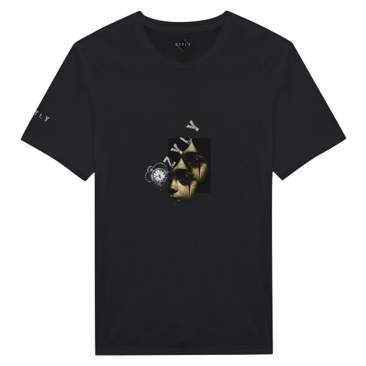 Black t-shirt with a graphic design on a white background