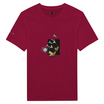 Red pinky t-shirt with little girl face with blood from eye with ''OZYLY'' logo