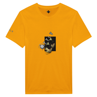 Orange yellow t-shirt with little girl face with blood from eye with ''OZYLY'' logo