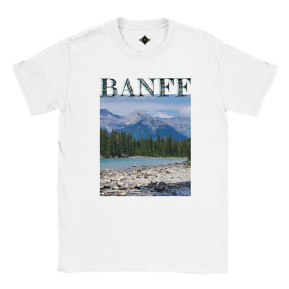 White t-shirt with Banff national park graphic on a white background Banff plus size Classic Unisex Crewneck T-shirt | Gildan® 64000
