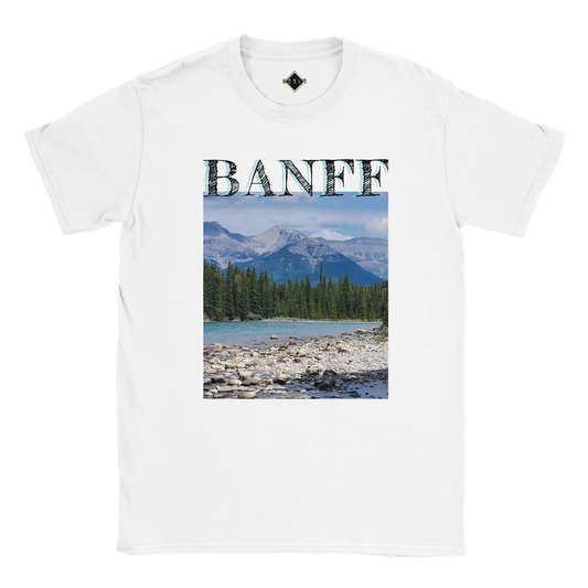White t-shirt with Banff national park graphic on a white background Banff plus size Classic Unisex Crewneck T-shirt | Gildan® 64000