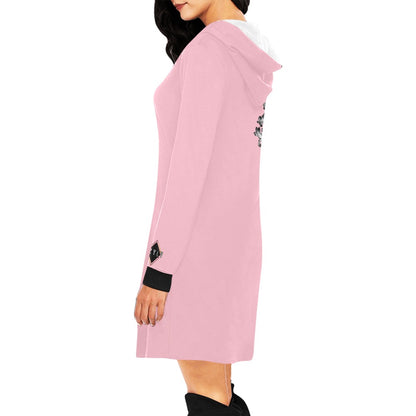 Pink Women's Hoodie Mini Dress with eye in clock and floral and logo
