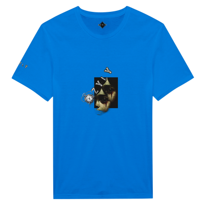 Blue t-shirt with a graphic design on a white background