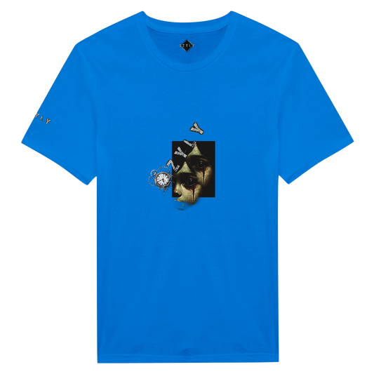 Blue t-shirt with a graphic design on a white background