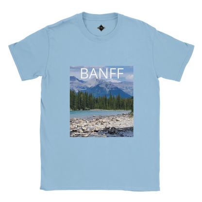 Light blue t-shirt with Banff national park graphic on a white background