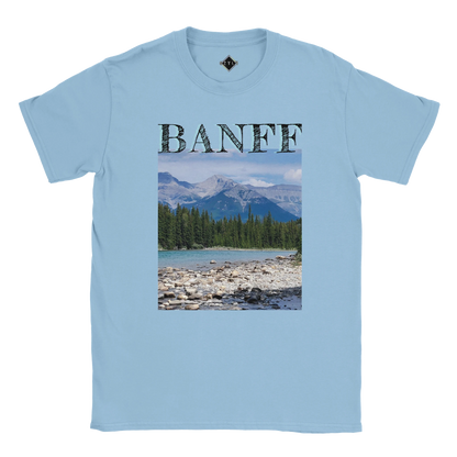 Light blue t-shirt with Banff graphic design on a white background
