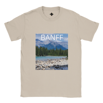 Beige t-shirt with Banff national park graphic on a white background Banff bowfalls
