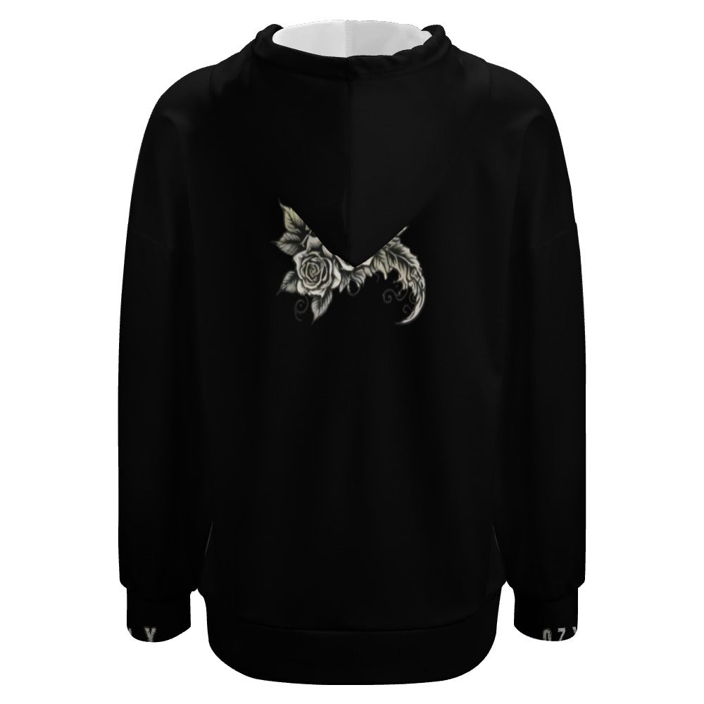 Black comfort with a modern silhouette Dropped Sleeve Hoodie with flowers and feather print and OZYLY logo