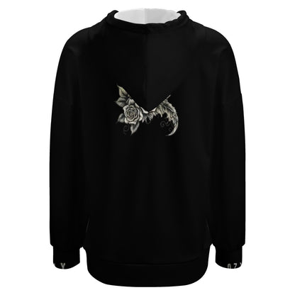 Black comfort with a modern silhouette Dropped Sleeve Hoodie with flowers and feather print and OZYLY logo