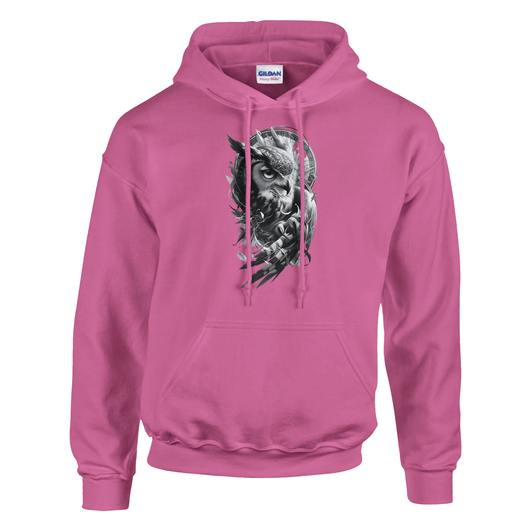 Pink hoodie with a graphic design on a white background Classic Unisex Pullover Hoodie | Gildan® 18500 with owl