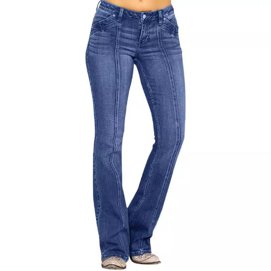 Women's denim trousers with low-waist and bone-breaking flared design