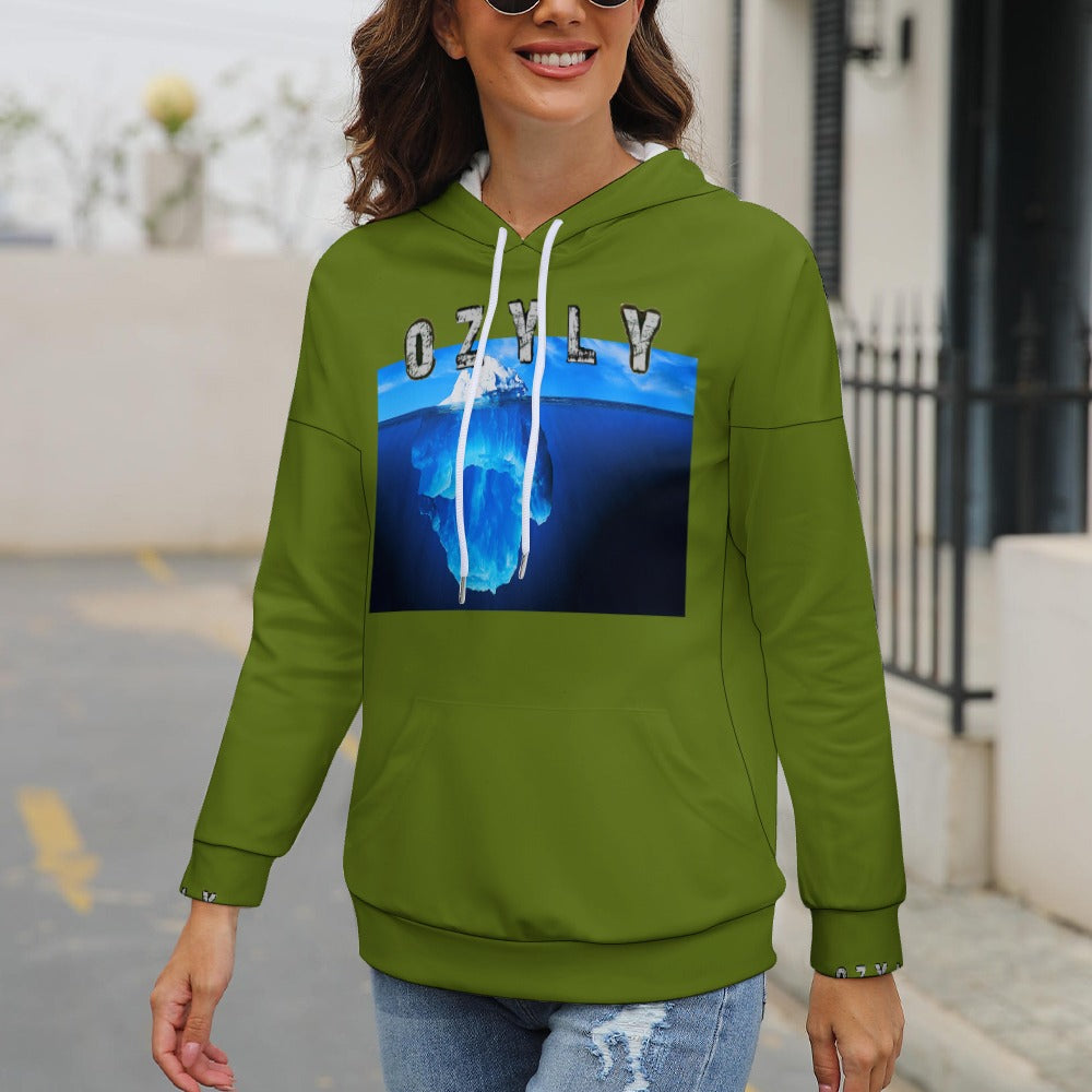 Green comfort with a modern silhouette Dropped Sleeve Hoodie with iceberg print and OZYLY logo