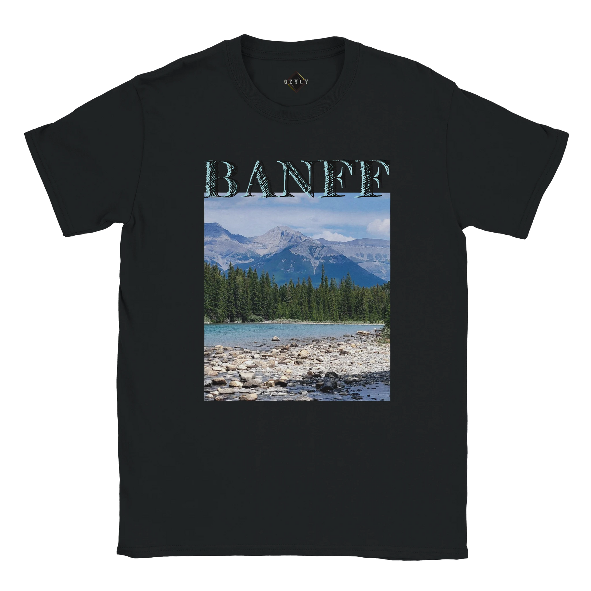 Black t-shirt with a scenic print of mountains and trees and the word Banff plus size Classic Unisex Crewneck T-shirt | Gildan® 64000'Banff'.