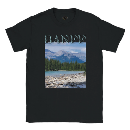 Black t-shirt with a scenic print of mountains and trees and the word Banff plus size Classic Unisex Crewneck T-shirt | Gildan® 64000'Banff'.