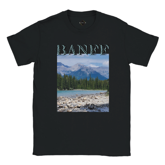 Black t-shirt with a scenic print of mountains and trees and the word Banff plus size Classic Unisex Crewneck T-shirt | Gildan® 64000'Banff'.
