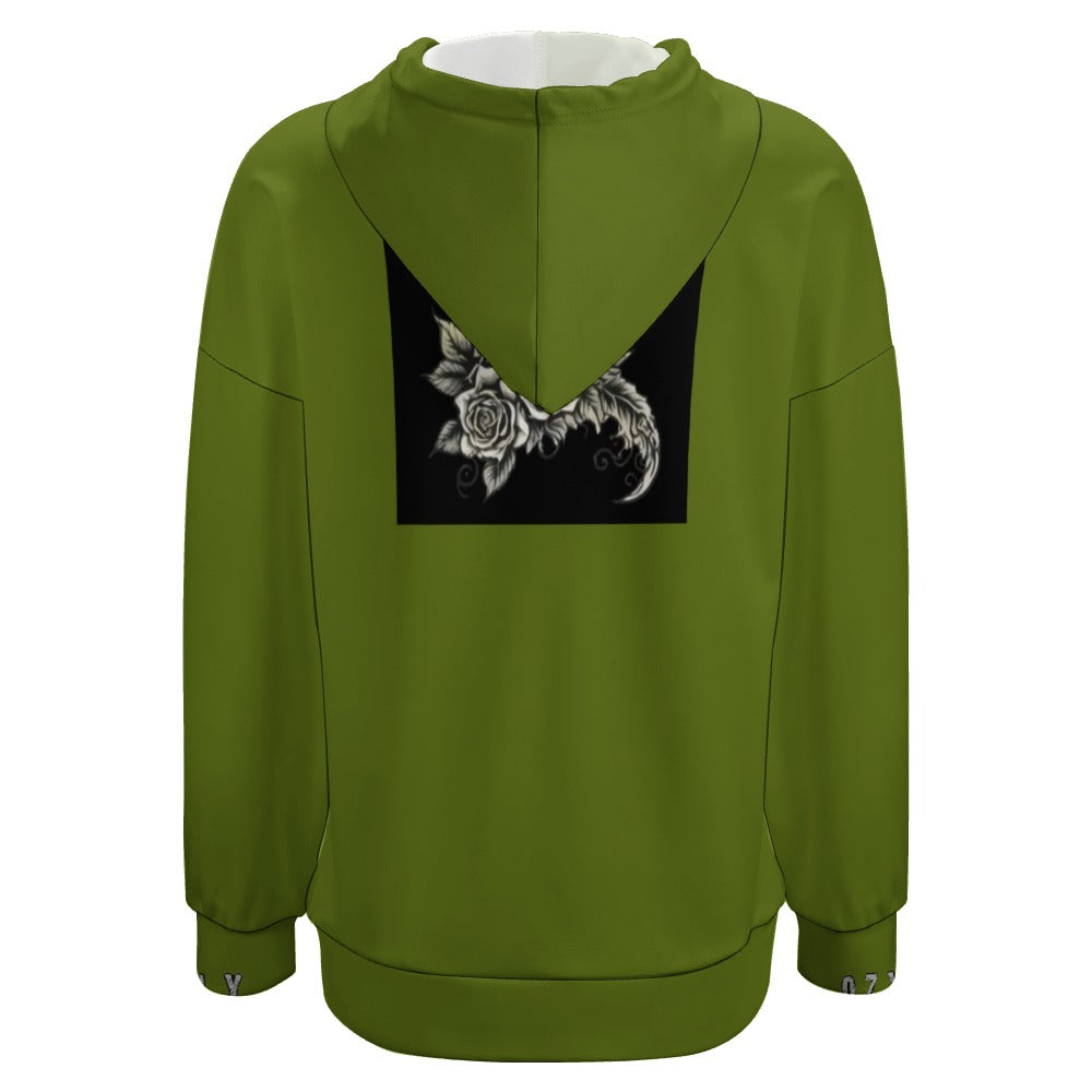 Green comfort with a modern silhouette Dropped Sleeve Hoodie with flowers and feather print and OZYLY 