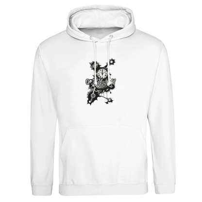 White hoodie with black graphic design on a white background