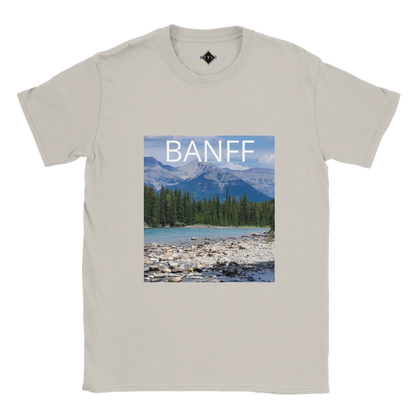 Beige t-shirt with Banff national park graphic on a white background