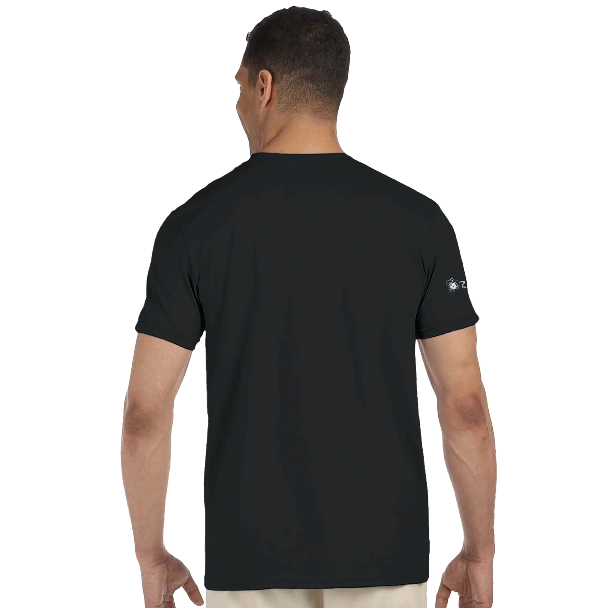 Man wearing a black t-shirt with a logo on the sleeve against a white background