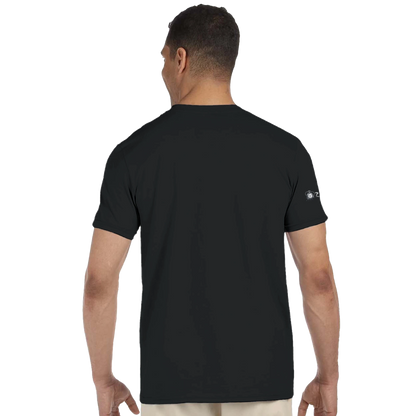 Man wearing a black t-shirt with a logo on the sleeve against a white background