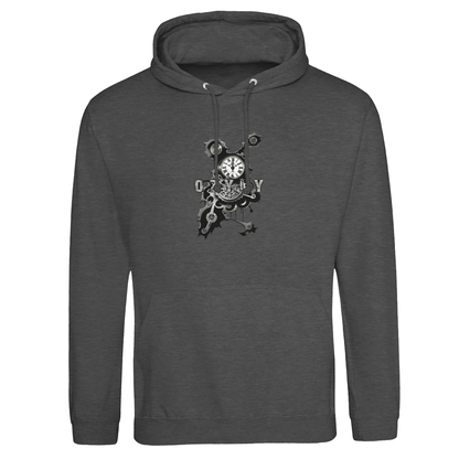 grey hoodie with a black clock mechanism graphic design