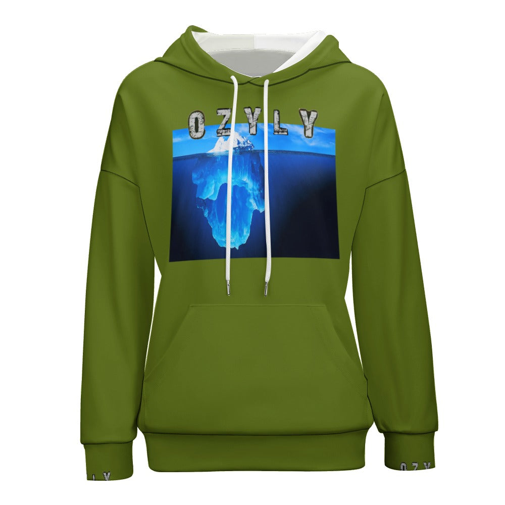 Green comfort with a modern silhouette Dropped Sleeve Hoodie with iceberg print and OZYLY logo